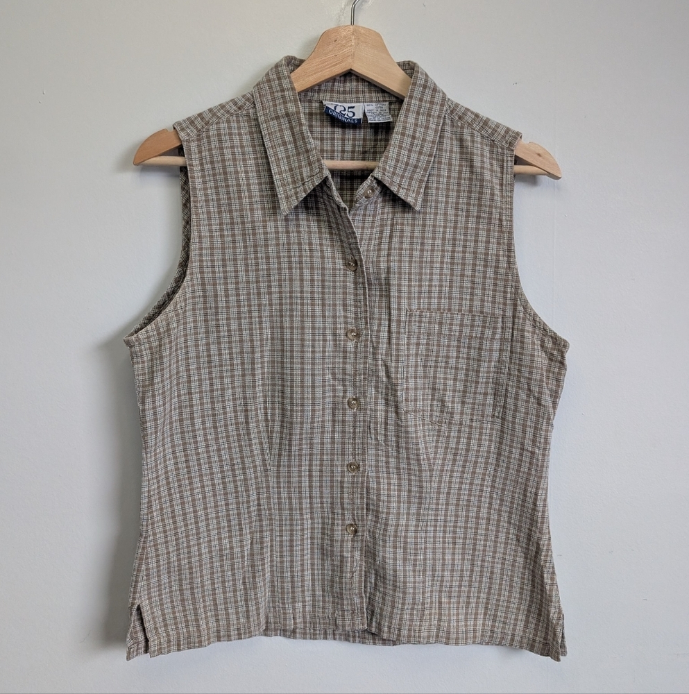 Vintage 725 Originals Womens Medium Sleeveless Shirt Plaid Collared Button Down